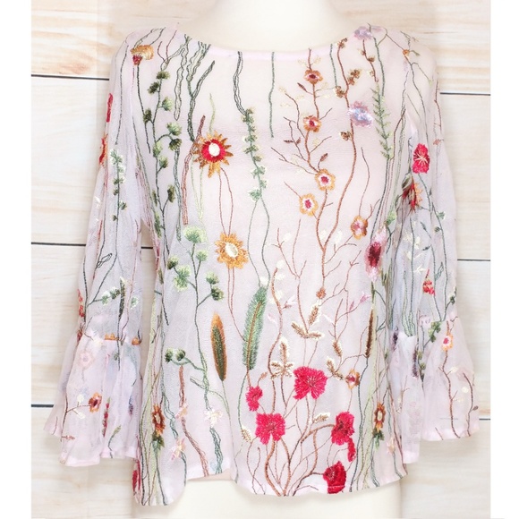 Cynthia Rowley Bell Sleeve Embroidered Mesh Top - Picture 2 of 5